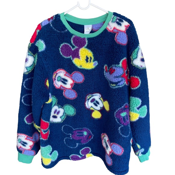 Disney Sweater Womens Large Blue Mickey Head Fuzzy Fleece Pullover - Picture 1 of 10